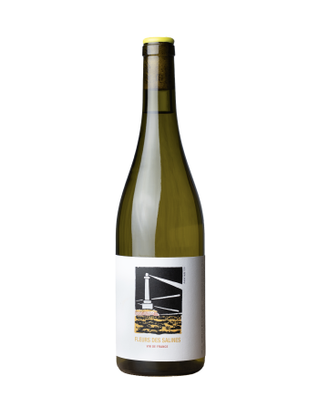 Bouteille de vin de la cuvée Fleurs des Salines du Mas Mellet, vin blanc du gard de pur vermentino, proche du Parc Naturel de Camargue
