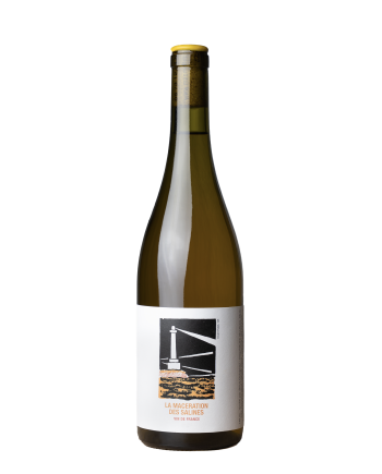 Bouteille de la cuvée de Macération des Salines du Mas Mellet, dans le Gard, en appellation Costières de Nîmes. Vin naturel a base de vermentino